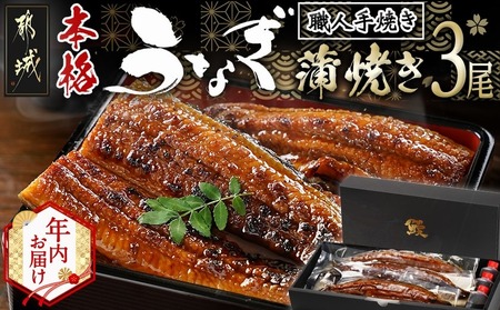 [年内お届け]職人手焼きの本格うなぎ蒲焼き3尾≪2025年12月15日〜31日お届け≫_AC-3301-HNY_(都城市) 鰻蒲焼 3尾 (総重量450g以上) タレ付き (30ml×3個) 国産うなぎの蒲焼き 特製たれ付き 冷凍 ウナギ かば焼き 