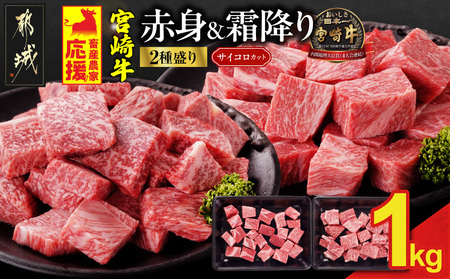 [2026年2月お届け]畜産農家応援! 宮崎牛サイコロステーキ2種セット500g×2パック_17E-N204-2602_(都城市) 黒毛和牛 赤身 霜降り 肩ロース ウデモモ 1kg ギフト 贈答用