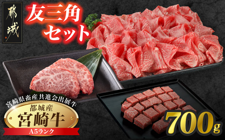 [共進会牛](A5)宮崎牛友三角セット_18-2505_(都城市) 宮崎県 宮崎牛 友三角 モモ ステーキ サイコロ 赤身 ウデ・モモ 切り落とし 真空 品評会出展牛 特別セット