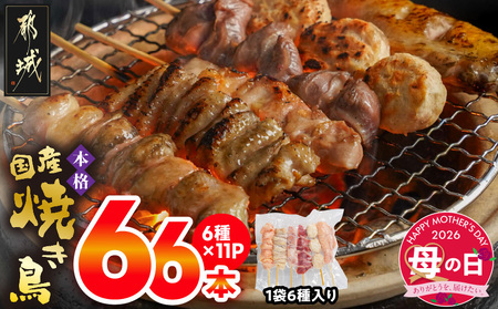 [母の日]職人串打ちの本格焼き鳥66本!!≪5月7日〜10日お届け≫_MJ-3312-MG_(都城市) 焼鳥串 生冷凍 冷凍生肉 もも 皮 手羽 小肉 砂肝 ぼんじり ねぎま ハラミ せせり つくね ふりそで 6本入り 11P 計2.1kg やきとり 焼き鳥 BBQ 鶏肉 国産 小分け 母の日