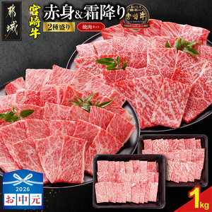 [お中元]宮崎牛焼肉2種セット500g×2パック_19-N2-002-1000-SG_(都城市) 1kg 赤身 霜降り 肩ロース又はロース ウデ モモ 焼肉 焼き肉 BBQ 黒毛和牛 宮崎牛 ギフト 贈答用