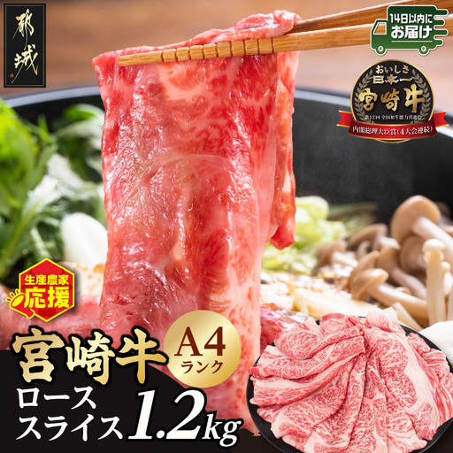生産農家応援!宮崎牛ローススライス1.2kg≪みやこんじょ快速便≫〔21-26-001-1200g-R〕_(都城市) A44等級 国産ブランド牛 宮崎牛 黒毛和牛 ロース スライス 小分け