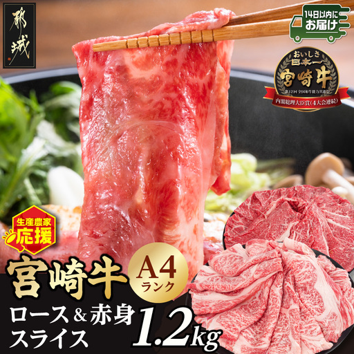 生産農家応援!宮崎牛ロース&赤身スライス1.2kg≪みやこんじょ快速便≫〔19-26-003-1200g-R〕