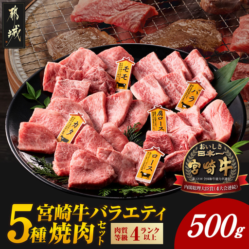 宮崎牛バラエティ焼肉セット500g〔16-89-004-500g〕_(都城市) 宮崎県産 宮崎牛 焼肉 BBQ 黒毛和牛 ロース カタ(ウデ) バラ 肩ロースうす切り モモ 5種盛り 食べ比べ