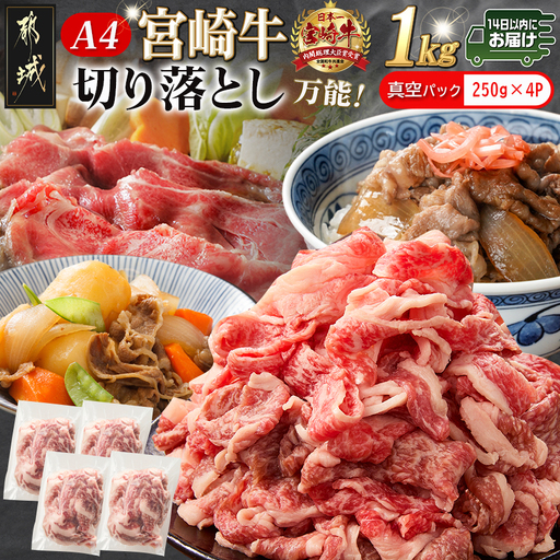 宮崎牛切り落とし1kg(真空)≪みやこんじょ快速便≫〔MJ-89-006-1000g-s-R〕_(都城市) 牛肉 国産黒毛和牛 ブランド牛切り落とし肉 1キロ 小分け 真空パック 牛丼 炒め物に