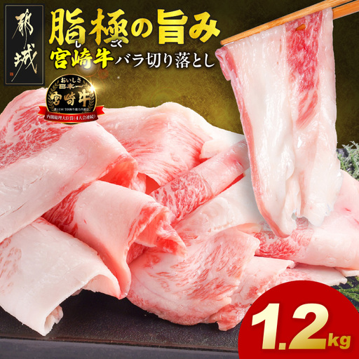 宮崎牛バラ切り落とし1.2kg〔12-N2-019-1200g〕_(都城市) 宮崎牛 牛肉 宮崎県産 国産 黒毛和牛 バラ肉 バラ きりおとし 300g 小分けパック 煮込み 炒め物 牛丼 カレー 肉じゃが 肉豆腐高級 とろける ミヤチク