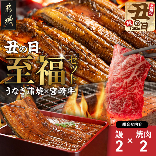 [丑の日]宮崎県育ちのうなぎ蒲焼2尾300g以上≪山椒・たれ付≫&宮崎牛赤身(ウデorモモ)焼肉500g×2パック≪7月20日〜25日お届け≫〔AE-MMUG300〕_(都城市)