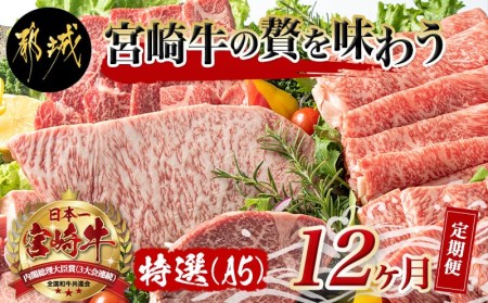 特選(A5)宮崎牛の贅を味わう(12ヶ月定期便)_TAH12-0102_(都城市) 宮崎牛 5等級 12ヶ月定期便 サーロイン芯スライス モモスライス シャトーブリアンステーキ 特上モモステーキ ロース焼肉用 ヒレステーキ