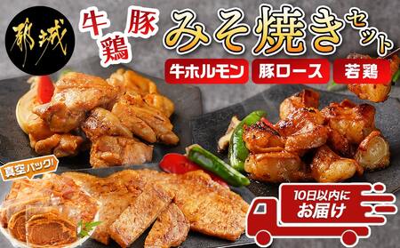 牛・豚・鶏ももみそ焼きセット(牛ホルモン・豚ロース・若鶏もも)≪みやこんじょ特急便≫_AA-I601-Q_(都城市) 国産 真空 牛ホルモンみそ焼き用 豚ロース肉みそステーキ用 若鶏みそ焼き用