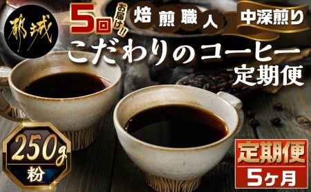 5回お届け!焙煎職人こだわりのコーヒー定期便[粉]250g 小分けパック(ジッパー・バルブ付) ※中深煎り※_TLA5-3301_(都城市) レギュラーコーヒー コーヒー粉 250g×1パック 少量パック ジッパー付き ポスト投函 珈琲 5ヶ月定期便