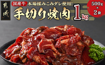 本場揉みこみダレ使用!国産牛手切り焼肉1kg_AA-3610_(都城市) 国産牛 焼肉 バラ ロース 肩ロース タレ漬 500g×2袋 1kg