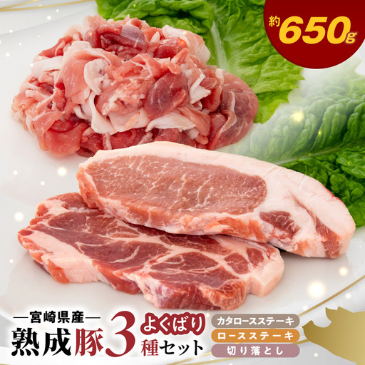 宮崎県産熟成豚 よくばり3種セットB-1(ステーキ2種 各1個/切り落とし2個