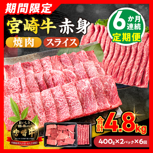 6か月お楽しみ定期便[畜産農家応援]数量限定 厳選 宮崎牛 赤身 焼肉 スライス 計4.8kg_LC2-26