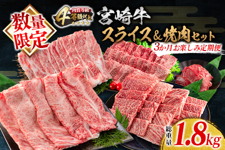 数量限定 3か月 お楽しみ 定期便 宮崎牛 スライス 焼肉 セット 総重量1.8kg 肉 牛 牛肉 国産 食品 おかず すき焼き しゃぶしゃぶ 焼き肉 送料無料_HB2-23