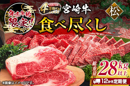 年末年始限定 12か月 お楽しみ 定期便 宮崎牛 食べ尽くし セット 松プラン 総重量28kg以上 期間限定 数量限定 肉 牛肉 国産 小分け おすすめ ヒレ ロース モモ ステーキ すき焼き しゃぶしゃぶ 焼肉 牛丼 贈答 ギフト 冷凍 12回 宮崎県 日南市 送料無料_AW2-23