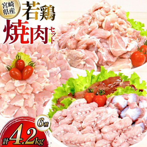 鶏肉 業務用 宮崎県産 若鶏 もも切身 砂肝 肝 小肉 手羽中 肩肉 計 4.2kg セット [TRINITY 宮崎県 日向市 452061333] 