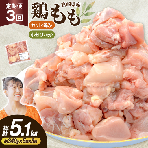 鶏肉 3回 定期便 もも 切身 340g 5袋 1.7kg 計5.1kg [南九フーズ 宮崎県 日向市 452061725]