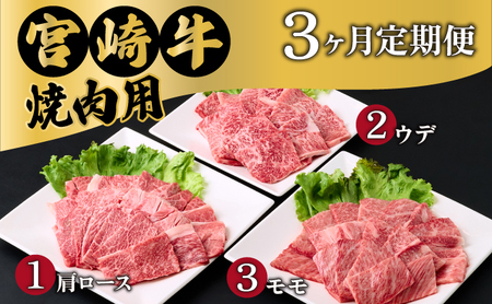 [定期便・全3回]宮崎牛 焼肉用 3ヶ月定期便 肩ロース焼肉用 ウデ焼肉用 モモ焼肉用 合計1.2kg 焼肉用 スライス お肉 牛肉 すき焼き BBQ 宮崎県 送料無料 [MCT3UY-12]