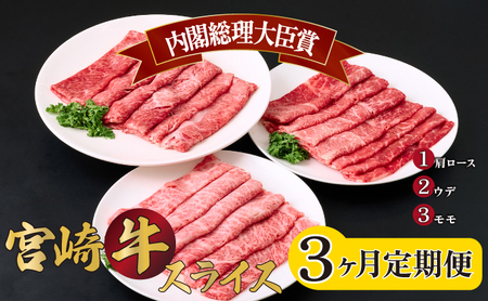 [定期便・全3回]宮崎牛 スライス 3ヶ月定期便 肩ロース ウデ モモ 合計1.2kg 焼肉 お肉 牛肉 すき焼き BBQ 宮崎県 送料無料 [MCT3US-12]