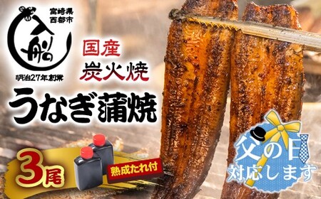 [父の日ギフト]明治27年創業 炭火焼一筋『うなぎの入船』国産うなぎ かば焼3尾(熟成たれ付)[3-9]