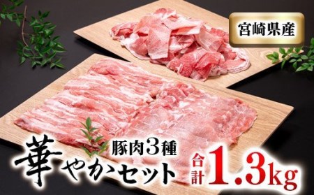 宮崎県産豚肉3種セット 合計 1.3kg 小分け しゃぶしゃぶ 小間切れ 国産豚肉[1-237]