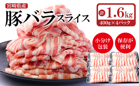 宮崎県産豚バラスライス 1.6kg(しゃぶしゃぶ用400g×4) 国産豚肉[1.1-14]