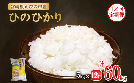 [年間定期便] 新米 令和6年産 えびの産 ひのひかり 5kg×12ヶ月 合計60kg お米 精米 白米 ご飯 国産 宮崎県産 九州産 送料無料こめ おにぎり お弁当