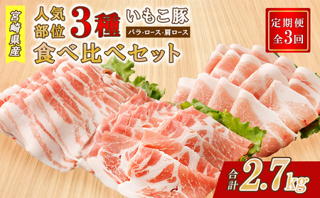 [3ヶ月定期便] いもこ豚 人気部位3種 食べ比べセット 900g(300g×3パック)×3回 総合計2.7kg ぶた肉 30日 お肉 ロース 肩ロース しゃぶしゃぶ 冷凍 国産 宮崎県産 九州 送料無料 薄切り 小分け