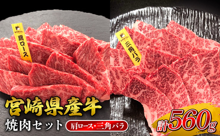 宮崎県産 黒牛 焼肉 赤身 牛肉 焼肉セット 肩ロース 三角バラ 2点盛り 560g(280g × 2パック)用 肉 お肉 牛 国産 食べ比べ セット 小分け 真空パック コスパ 冷凍 贈答 贈答用 ギフト BBQ アウトドア キャンプ 人気 国産 九州 宮崎県 えびの市 送料無料