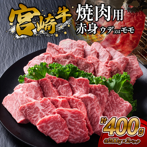[宮崎牛]焼肉 赤身(ウデ又は上モモ) 400g(200g×2P) 真空パック 冷凍