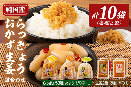純国産らっきょう3種とおかず生姜2種の詰め合わせ(各2P)宮崎県産 国産 らっきょう たまりらっきょう 生姜 ショウガ 薬味 ラーメン 炒飯 チャーハン うどん セット 詰め合わせ