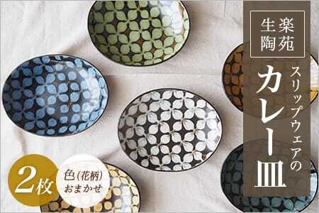 スリップウェアのカレー皿 2枚 花柄 色おまかせ温かみの感じられるお皿！
