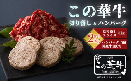 宮崎県産「この華牛 切落しスライス&ハンバーグ(各1kg)」高原有田牧場直送の国産でおいしい牛肉