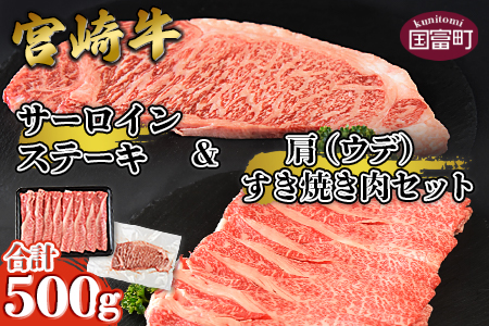 [宮崎牛サーロインステーキ & 宮崎牛肩(ウデ)すき焼き肉セット 合計500g]翌月末迄に順次出荷[a0381_ty]