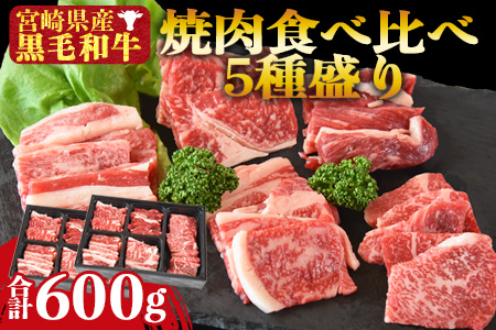 数量限定![宮崎県産黒毛和牛 焼肉食べ比べ 5種盛り 2セット 合計600g(4種各50g×2+モモ100g×2)]1か月以内に順次出荷[a0548_my_x3]