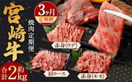 [宮崎牛 焼肉 定期便3回]翌月下旬頃に第1回目発送(12月は中旬頃)[c1177_ya] 霜降り 肩ロース 赤身 計約2kg