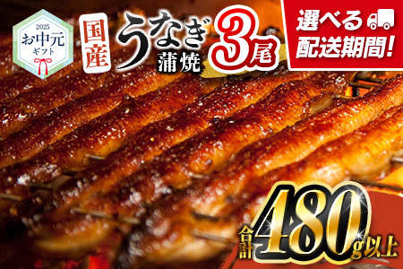 ［7月1日～7月15日にお届け］お中元専用 国産 うなぎ 蒲焼 3尾（無頭）計480g以上 高評価 おすすめ 冷凍 個包装 化粧箱 鰻 贈り物 贈答品 ギフト 鰻楽【N68】