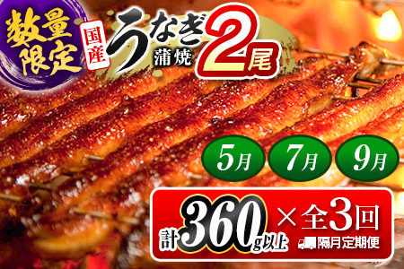 [2026年4月22日受付終了][数量限定]うなぎ 定期便 国産 鰻 蒲焼 2尾セット 隔月定期便(2026年5月,7月,9月お届け)全3回 合計1kg以上 魚介 贈答品 ギフト ウナギ 期間限定 鰻楽[E192-26-050709]