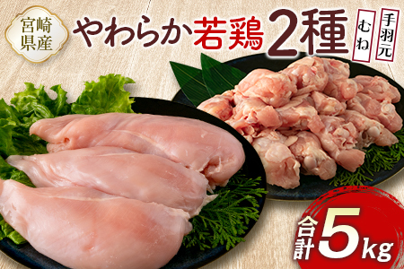 宮崎県産鶏肉 やわらか若鶏2種（むね・手羽元）合計5kg【A285】