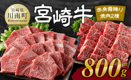 [令和7年11月発送]宮崎牛赤身霜降り焼肉2種 800g[肉 牛肉 国産 宮崎県産 宮崎牛 黒毛和牛 和牛 焼肉 BBQ 4等級 A4ランク 肩ロース ウデ モモ E11124]