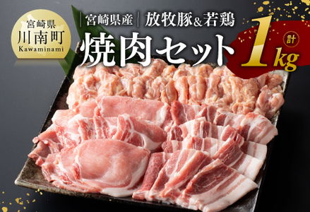 宮崎県産 「 放牧豚 & 若鶏 」焼肉 セット 1kg [ 肉 豚 豚肉 鶏肉 国産 鶏九州産 宮崎県産 豚ロース 豚バラ 若 小肉 せせり 小肉 焼肉セット カット済み まな板不要 便利 簡単 送料無料 ]