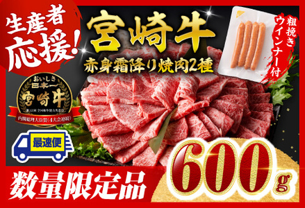 [令和7年9月発送分]宮崎牛 赤身・霜降り焼肉2種600g+粗挽きウインナー[ 肉 牛肉 国産 黒毛和牛 肉質等級4等級以上 4等級 5等級 ]
