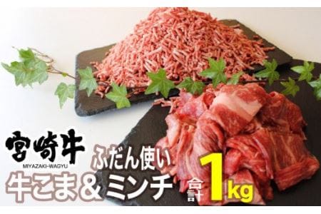 宮崎牛 こま肉とミンチのセット 1kg[肉 牛肉 国産 黒毛和牛 肉質等級4等級以上 4等級 5等級 牛挽肉 牛小間]