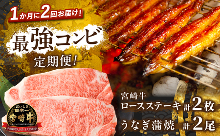 ≪定期便≫＼1か月に2回お届け!!/宮崎牛ロースステーキ×うなぎ蒲焼★最強コンビ 肉 牛肉 鰻 魚介 国産_T999-002[人気 ロースステーキ うなぎ ギフト 食品 おかず お土産 贈り物 送料無料 プレゼント おすすめ オススメ 特産品 都農町 宮崎県産 ]