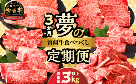 ≪3か月定期便≫夢の宮崎牛食べつくしセット(総重量3kg以上) 肉 牛 牛肉 おかず 国産_T030-067[人気 肉 宮崎牛 定期便 ギフト 食品 すき焼き しゃぶしゃぶ 焼肉 BBQ 送料無料 プレゼント おすすめ オススメ 国産牛 すきやき 生姜焼き 鍋 A4ランク 特産品 宮崎県産 ]