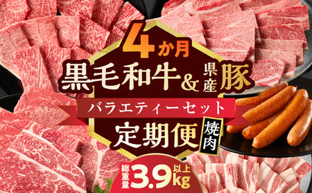 ≪4か月定期便≫黒毛和牛&県産豚バラエティーセット(焼肉)総重量3.9kg以上 肉 牛 牛肉 国産