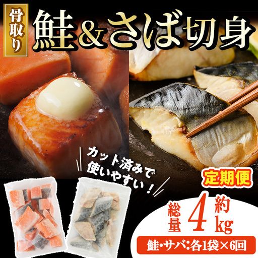 【定期便・全6回(連続)】骨取り さば切身と鮭カットのセット(総量約4kg) 小分け 冷凍  魚  【AW-106】【丸正水産】