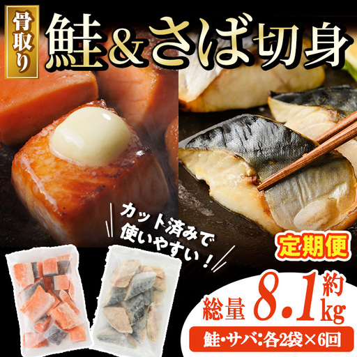 [定期便・全6回(連続)]骨取り さば切身と鮭カットのセット(総量約8.1kg)鮭 小分け 冷凍 サーモン シャケ サケ サバ 鯖 骨なし 骨取り セット 魚 魚介 [AW-108][丸正水産]