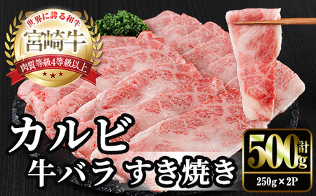 宮崎牛 カルビカット すき焼き (計500g・250g×2) すき焼き お肉 牛肉 黒毛和牛 宮崎牛 ブランド和牛 冷凍 国産 宮崎県産 カルビ バラ [YM-33][YAMATO株式会社]