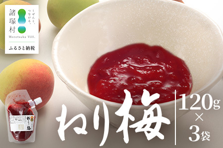 ねり梅 120g×3P パウチ 常温|ねりうめ 梅 ウメ 梅肉 ペースト シソ 紫蘇 和え物 梅和え 漬物 ごはんのお供 熱中症対策 塩分 加工品 調味料 もろっこはうす 宮崎県 諸塚村